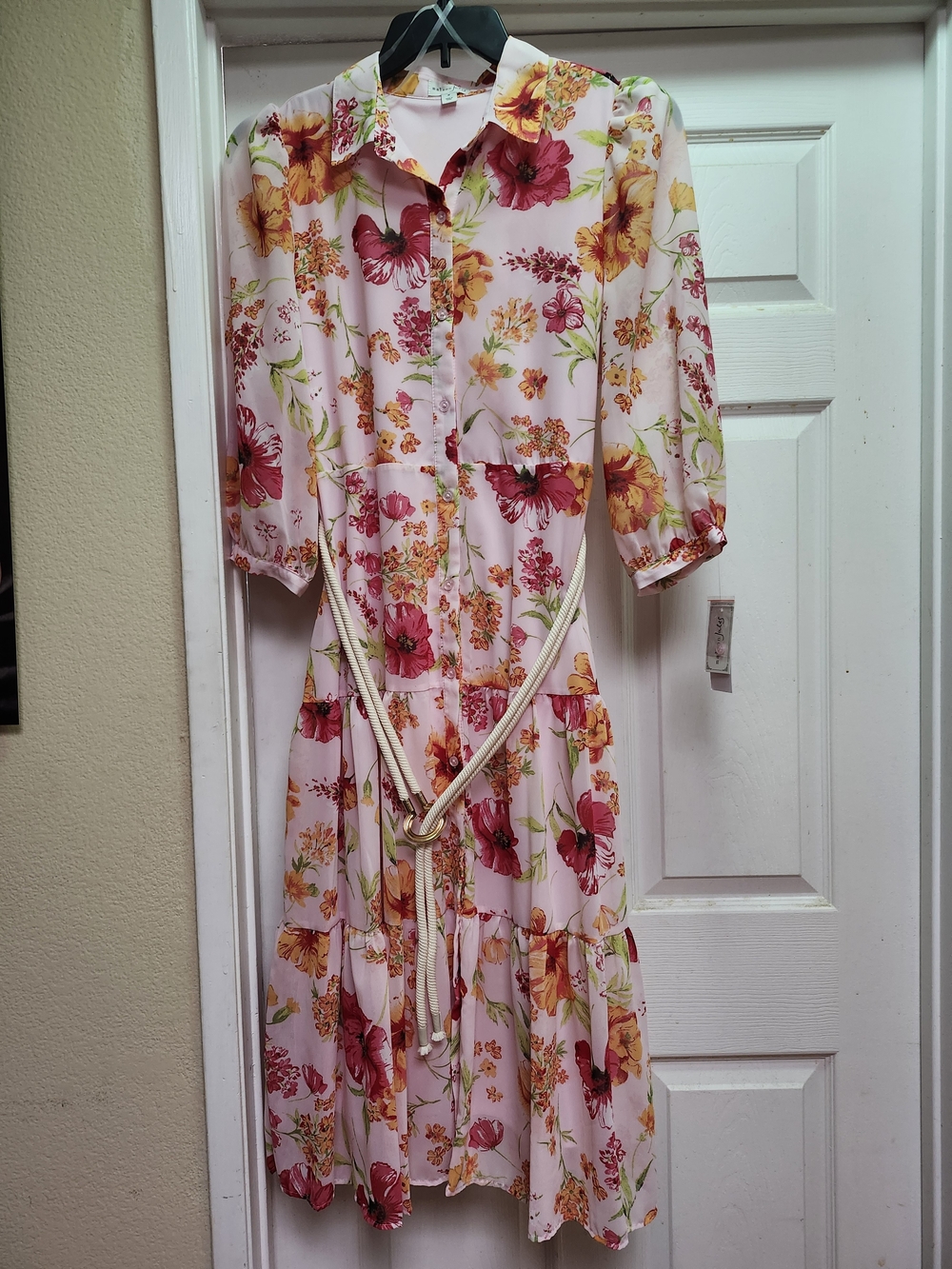 Maison Jules Pink Floral Button-Front Midi Dress with Drawstring Tie